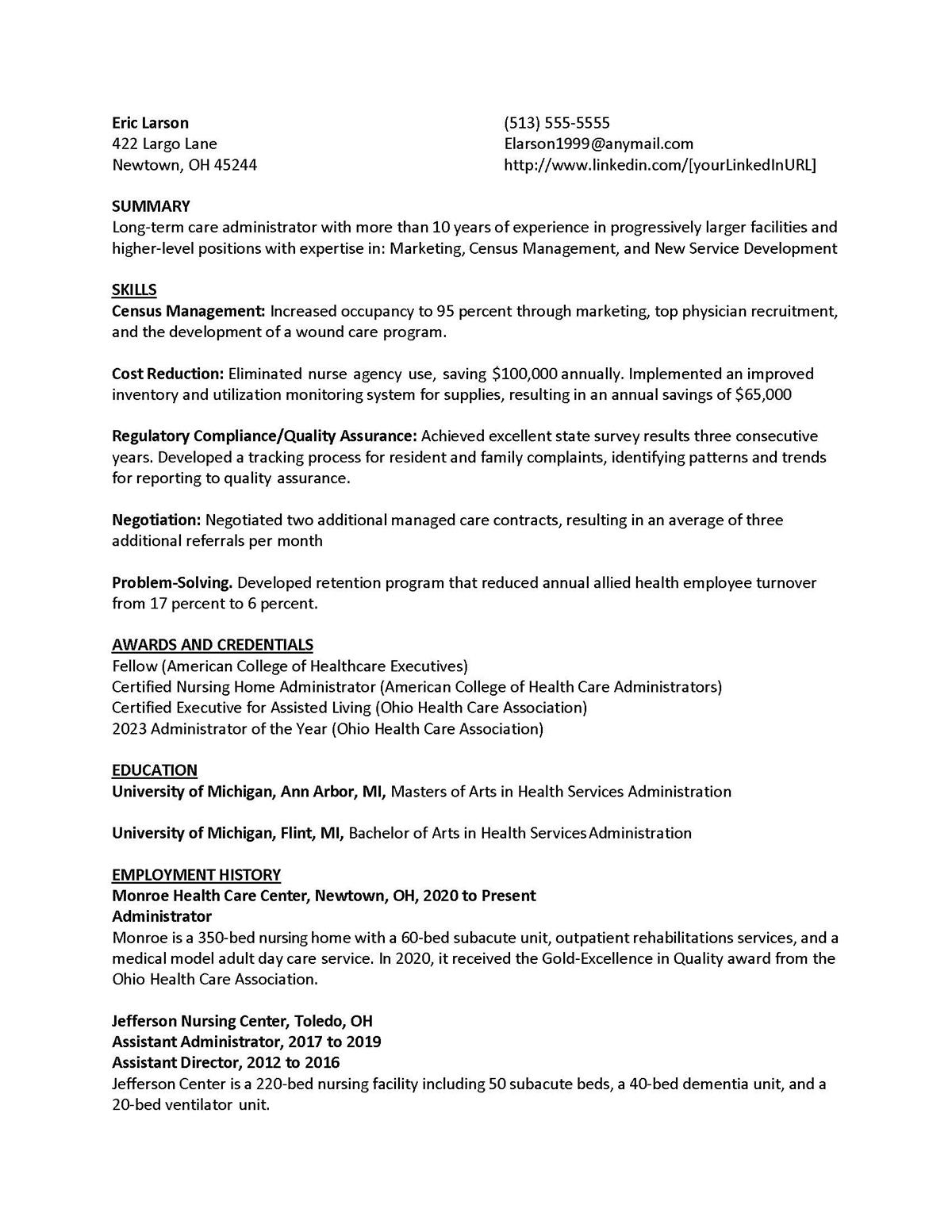 Sample resume: Health Care Management, High Experience, Functional