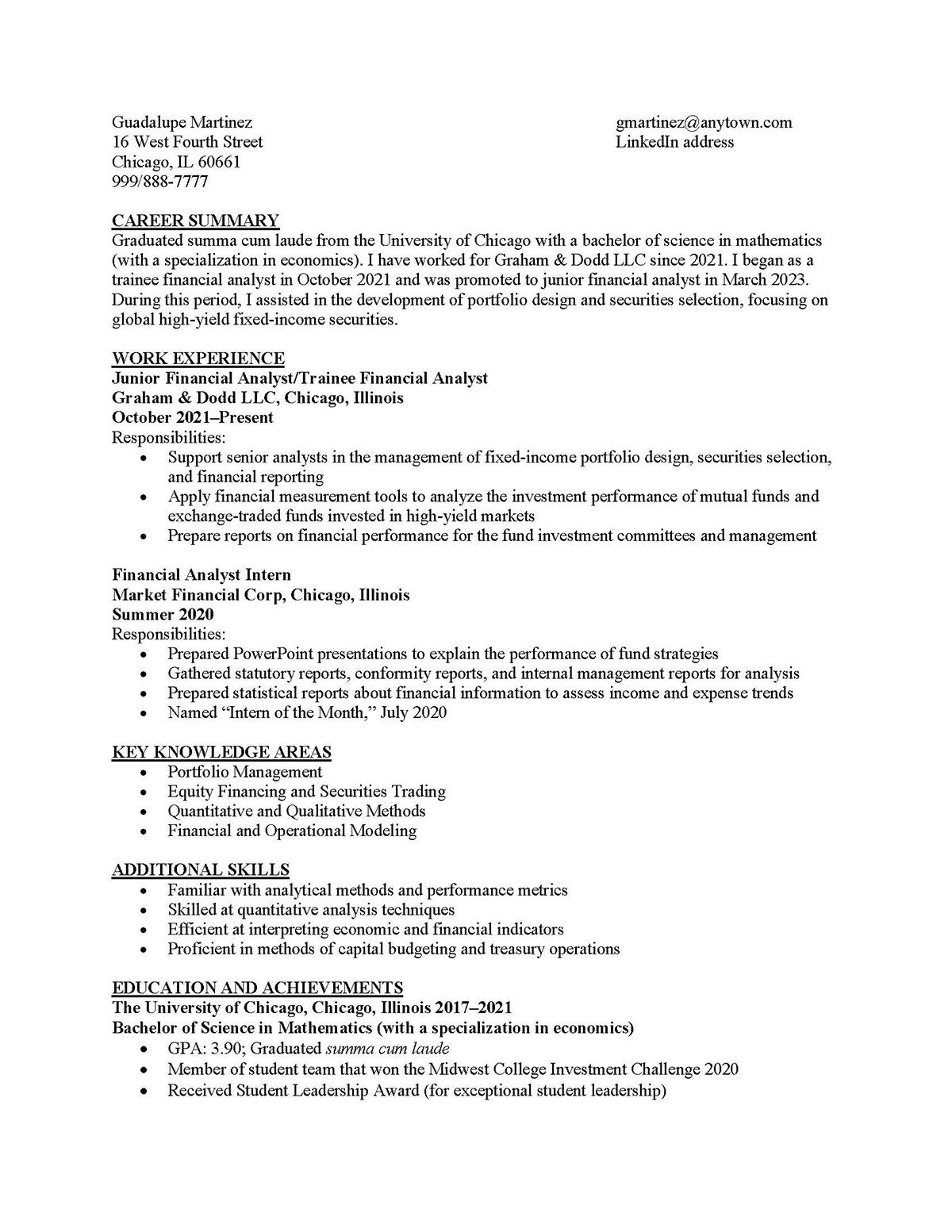 Sample resume: Finance, Low Experience, Chronological