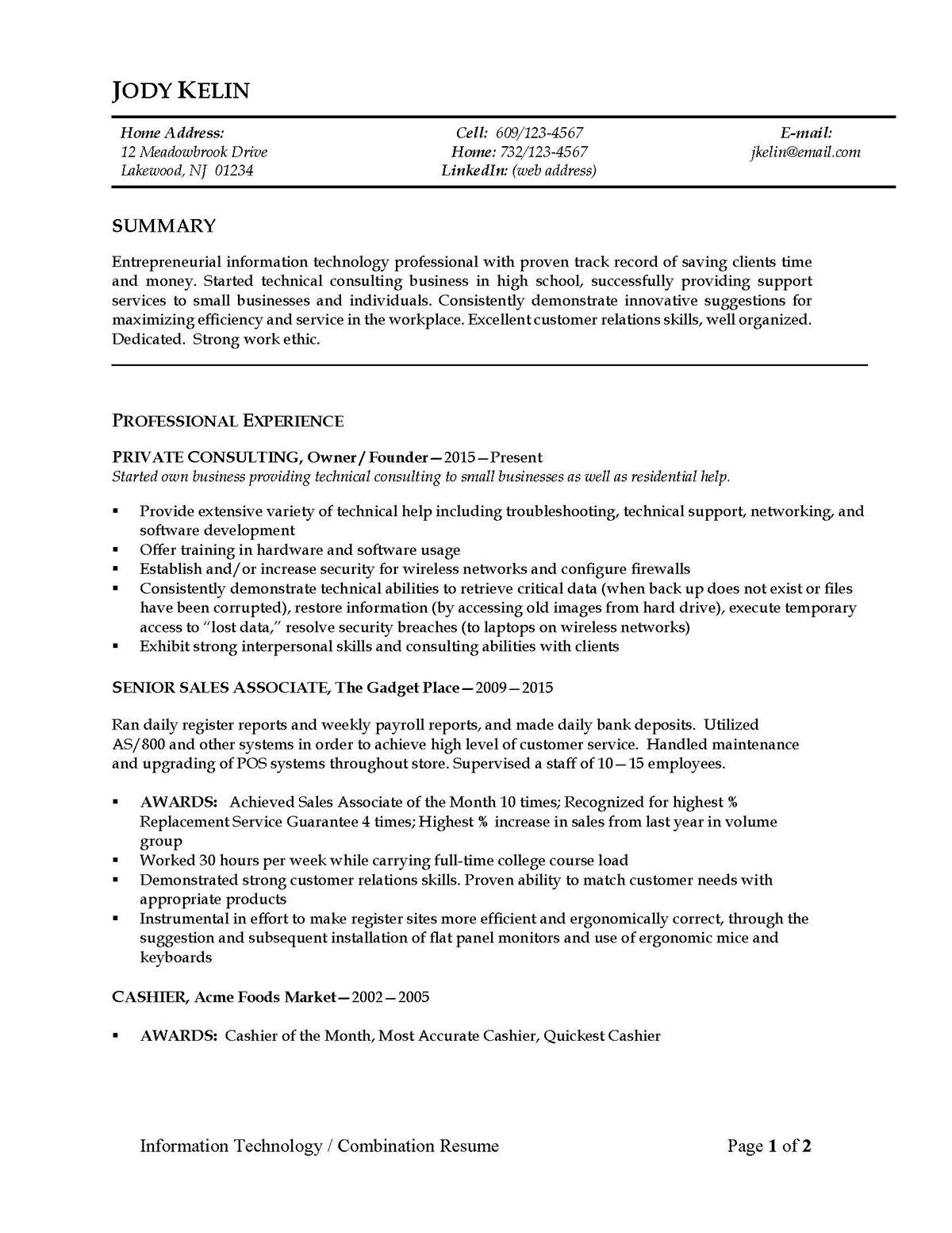 Sample resume: Information Technology, Entry Level, Combination