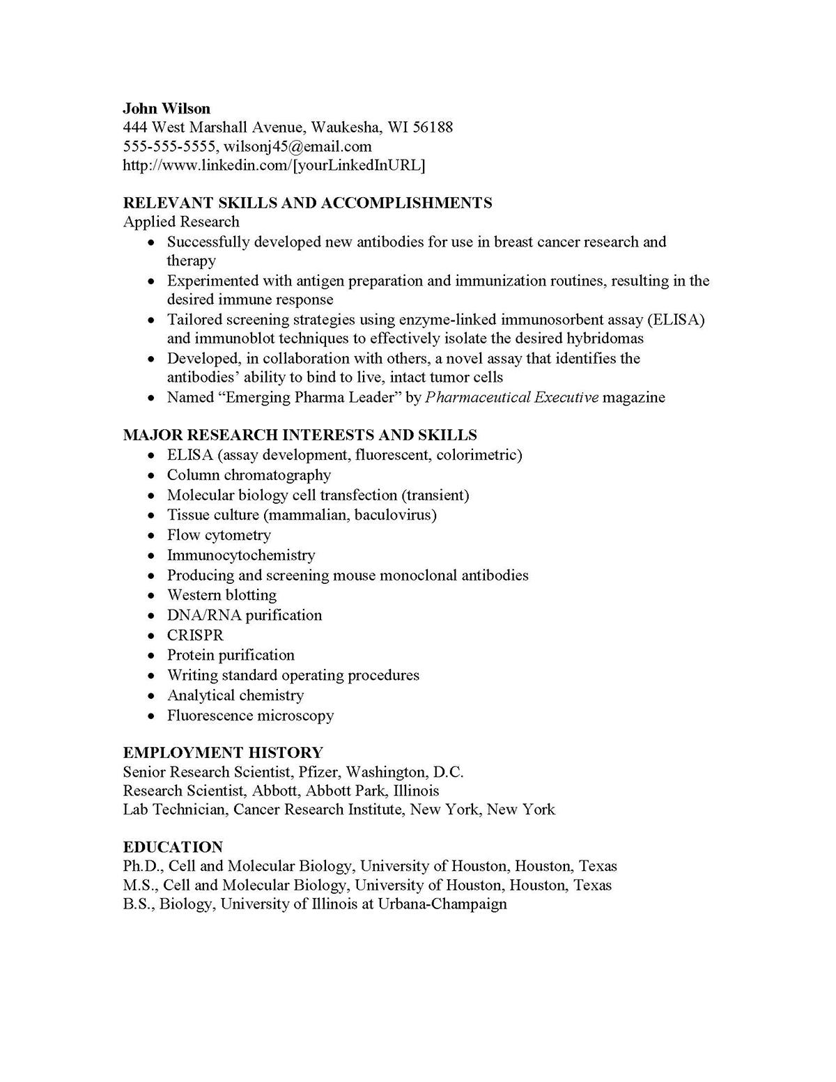 Sample resume: Pharmaceuticals, High Experience, Functional