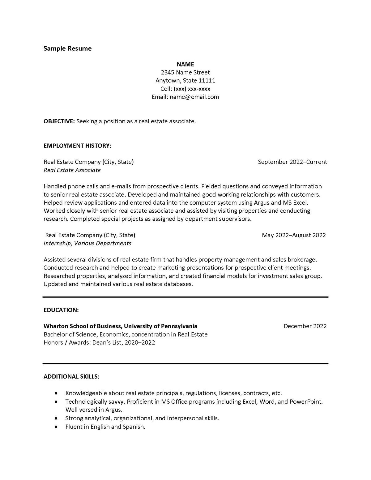 Sample resume: Real Estate, Low Experience, Chronological
