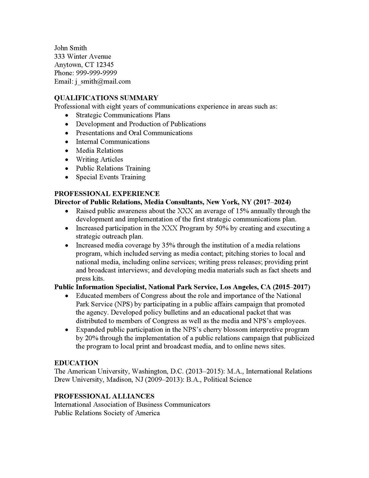Sample resume: Public Relations, High Experience, Combination