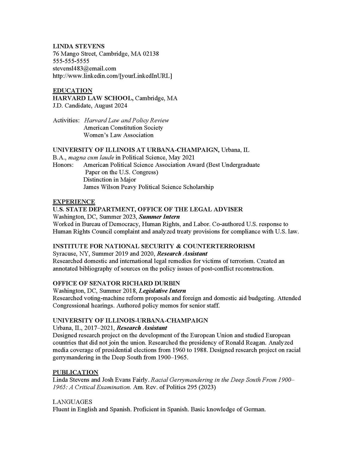 Sample resume: Law, Entry Level, Combination